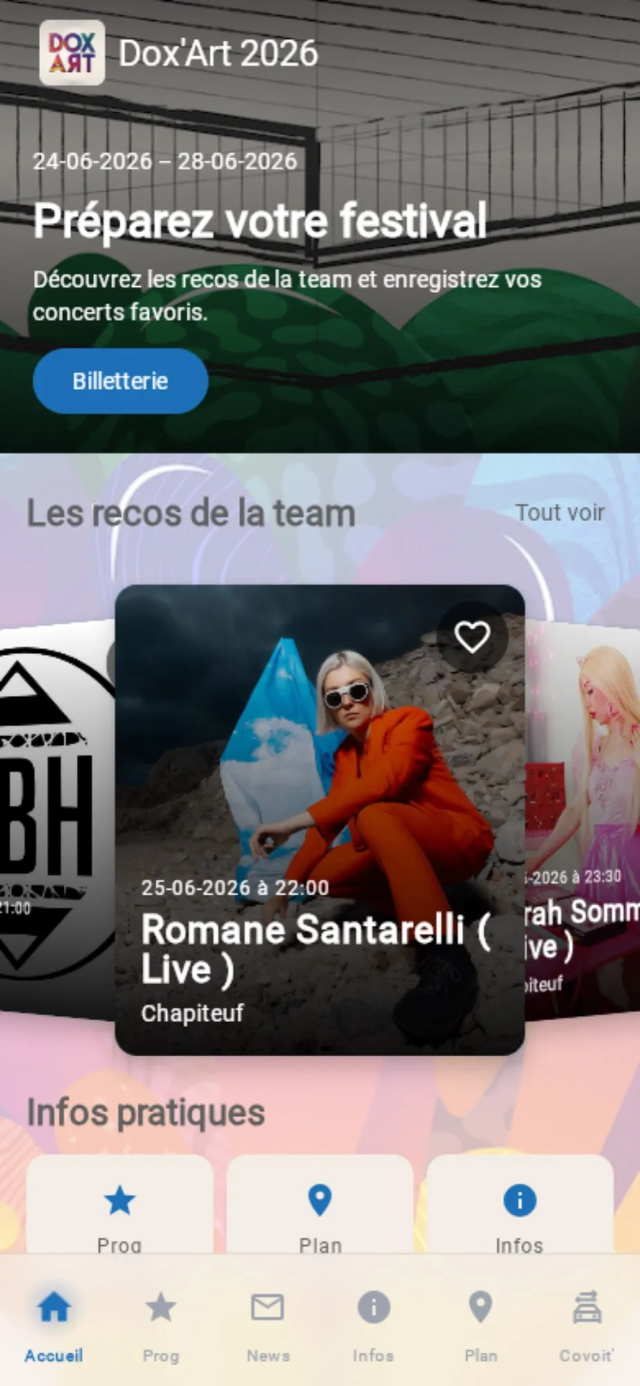 Home screen of the Dox'Art app: pre-festival message, ticket button and the team's picks