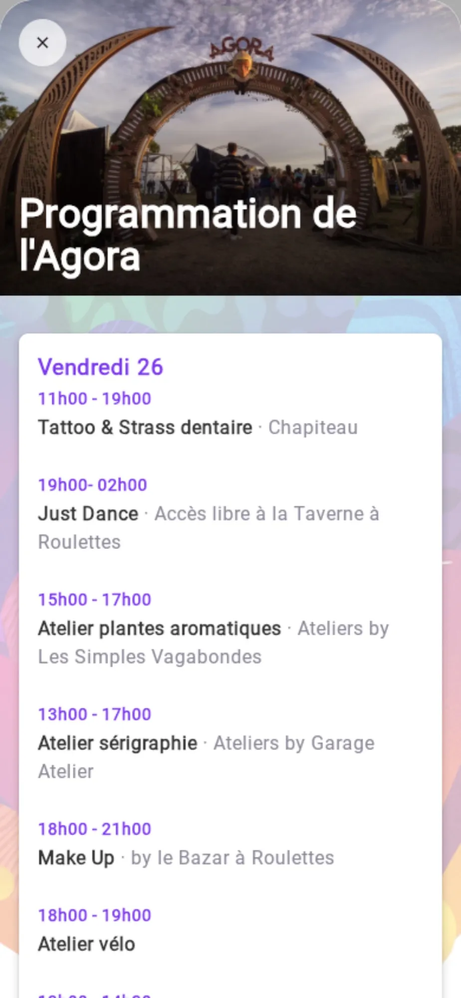The “Programmation de l'Agora” page in the Dox'Art app: photo and workshop times