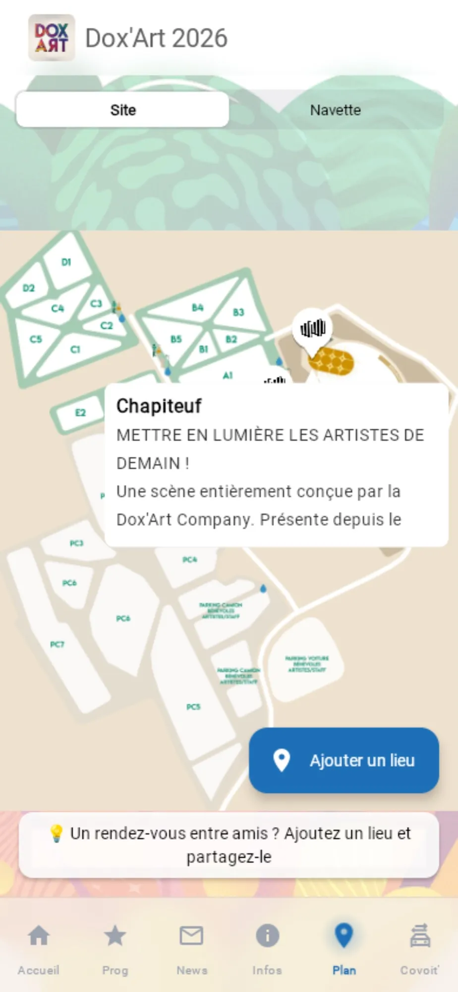 Interactive map in the Dox'Art app: stages and parking, with the Chapiteuf stage description