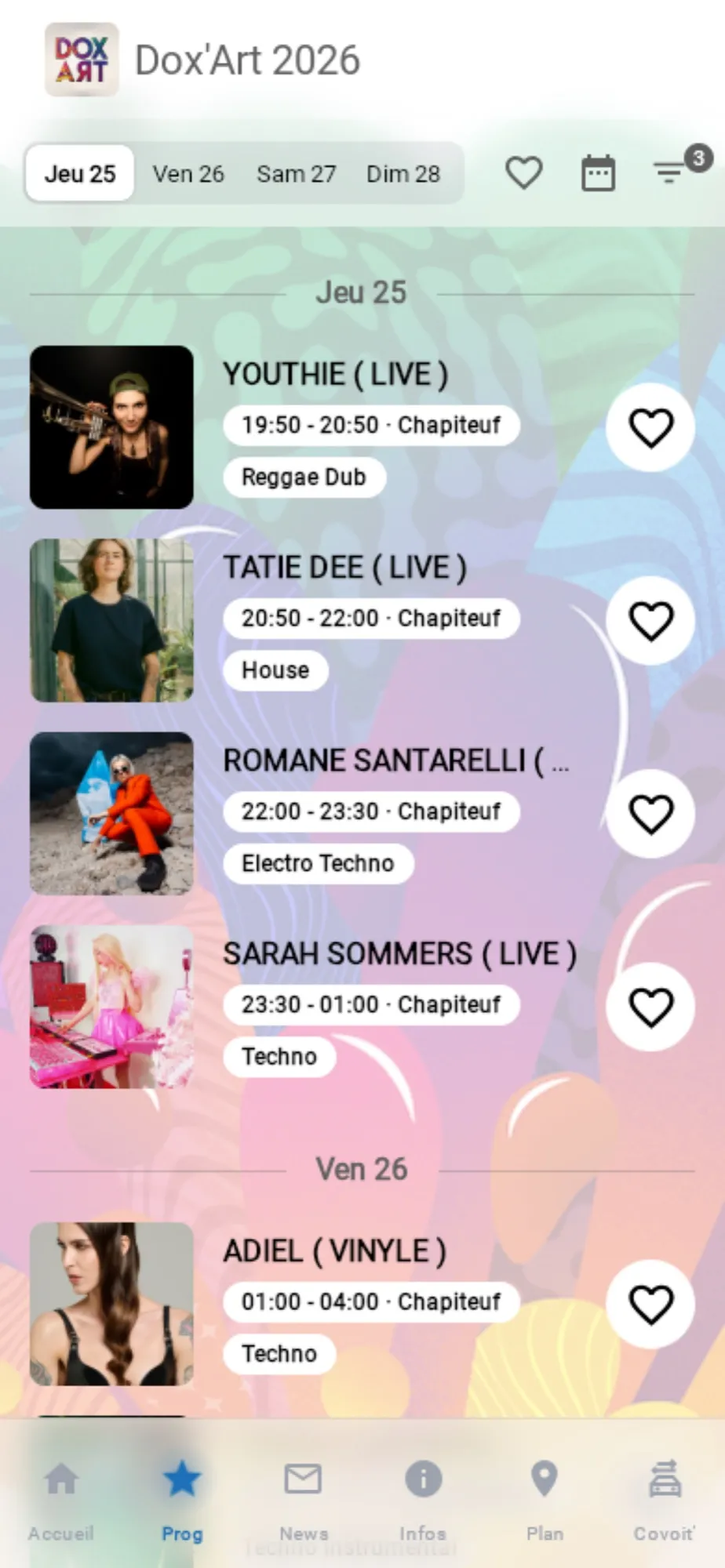 Thursday's program in the Dox'Art app, filtered to three stages: artists, times and styles